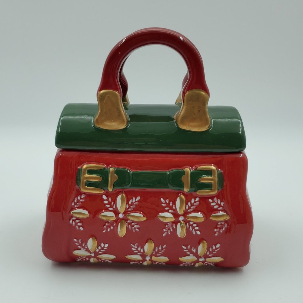 David's Cookies Holiday Christmas Purse Shaped Cookie Jar Lidded Candy Dish